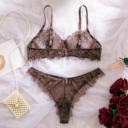 Ellolace Solid Women's Lingerie Sets Elegant Eyelash Lace Bra Panty 2PC Seductive See Through Intimate Willowy Sexy Underwear