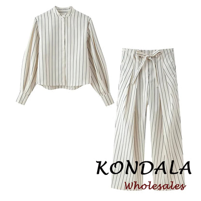 KONDALA Chic Spring Casual Striped Women Suit Single Breasted Loose Shirt+ Lace-up Wide Leg Long Pants Fashion 2026 Female Suit