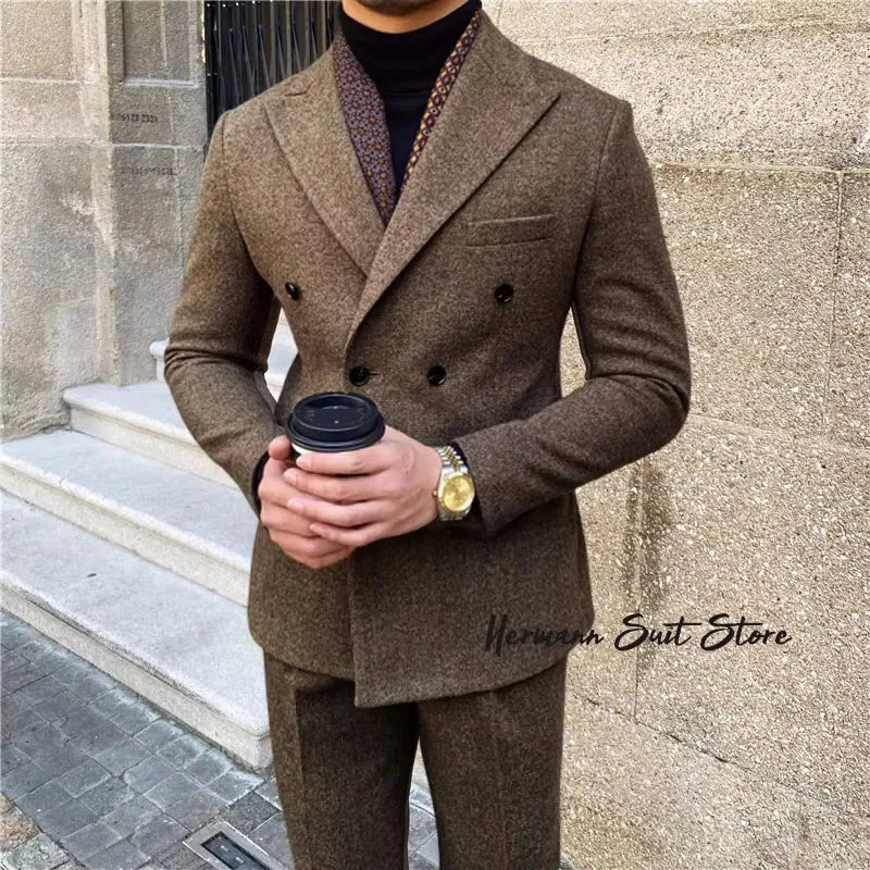 Wool Blend Men's 2 Piece Suit Set（Jacket+Pants) Double Breasted Lapel Suit Set Wedding Prom Dinner Wrok Travel Dinner Banquet