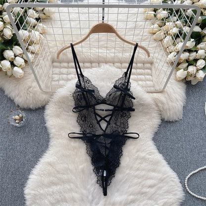 Sexy Lace Strap Jumpsuit Slim Fit Transparent Women's Pajamas Halter Playsuit Erotic Lingerie Catsuit Backless Hollowed Bodysuit