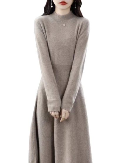 Women's Wool Knitted Mid-Length A-Line Dress Half High Collar Cashmere Base Dress Korean Style Commute Pure Color Winter Fashion