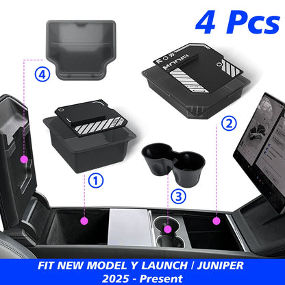 TESY Console & Armrest Storage Box For Tesla New Model YL Y Juniper Launch ABS Silicone Non-slip Mat Upper and Lower Watercup