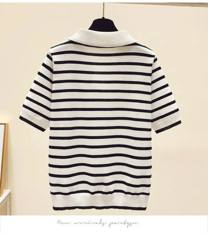 Loose Fit Ice Silk Knitted Short Sleeve T-Shirt Women's Summer Button up Top Slimming Striped  Neck Design plus Size