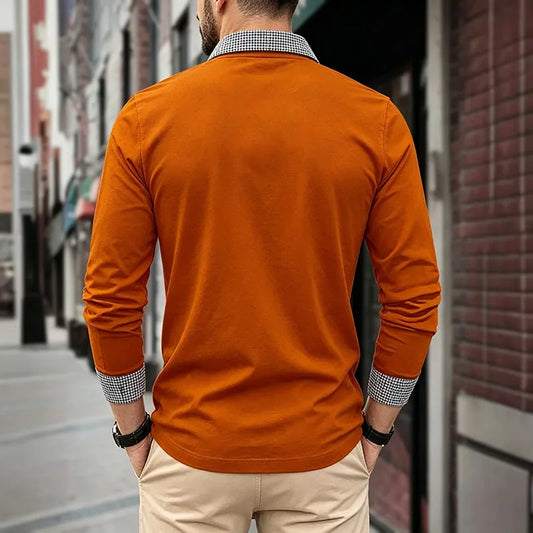 Men's Houndstooth Patchwork Long Sleeve Polo Shirt Classic Casual Business Tops Breathable Lightweight Knitwear for Spring Fall