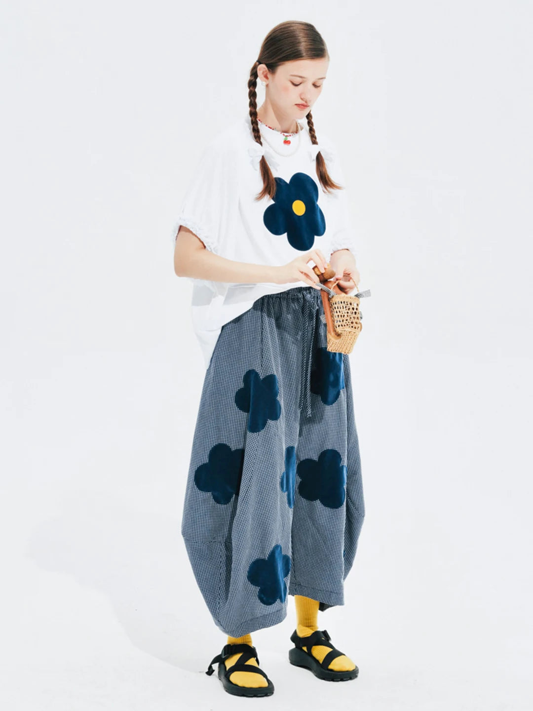 imakokoni 2024 summer new flocking applique plaid Korean wide-leg pants women's loose 244629
