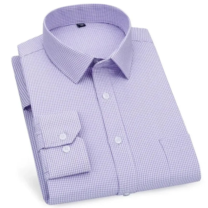 Men's Business Casual Shirts Purple Blue Cotton Regular Fit Long Sleeve Classic Plaid Striped Checked Social Work Dress Shirts