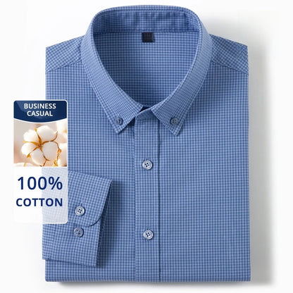 Top Grade 100% Cotton Anti-wrinkle New Fashion Breathable Checkered 2025 Men Shirt Brand Plaid Slim Fit Long Sleeve Casual Tops