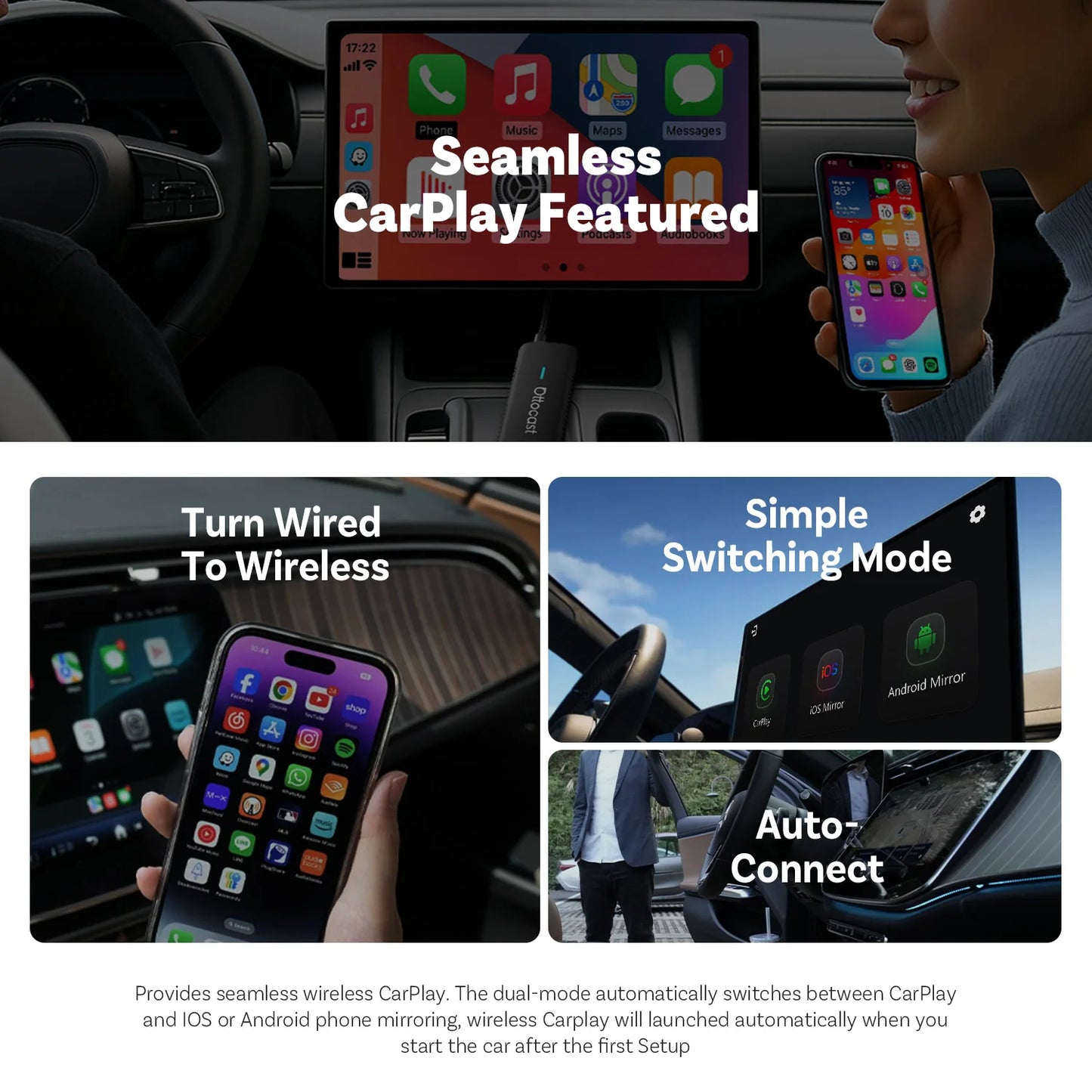 Ottocast Mirror Touch Wireless CarPlay Adapter Bi-Directional Control Dongle for iOS & Android Video Box For Benz Audi Toyota VW