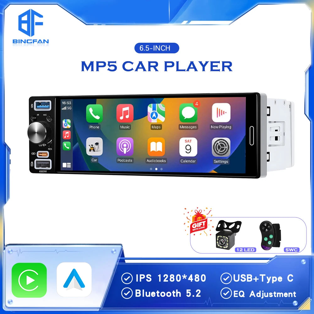 6.5 Inch 1Din Car Radio Carplay Android Auto Mirrorlink Bluetooth FM/AM EQ AUX Touch Screen Universal Autoradio Stereo MP5
