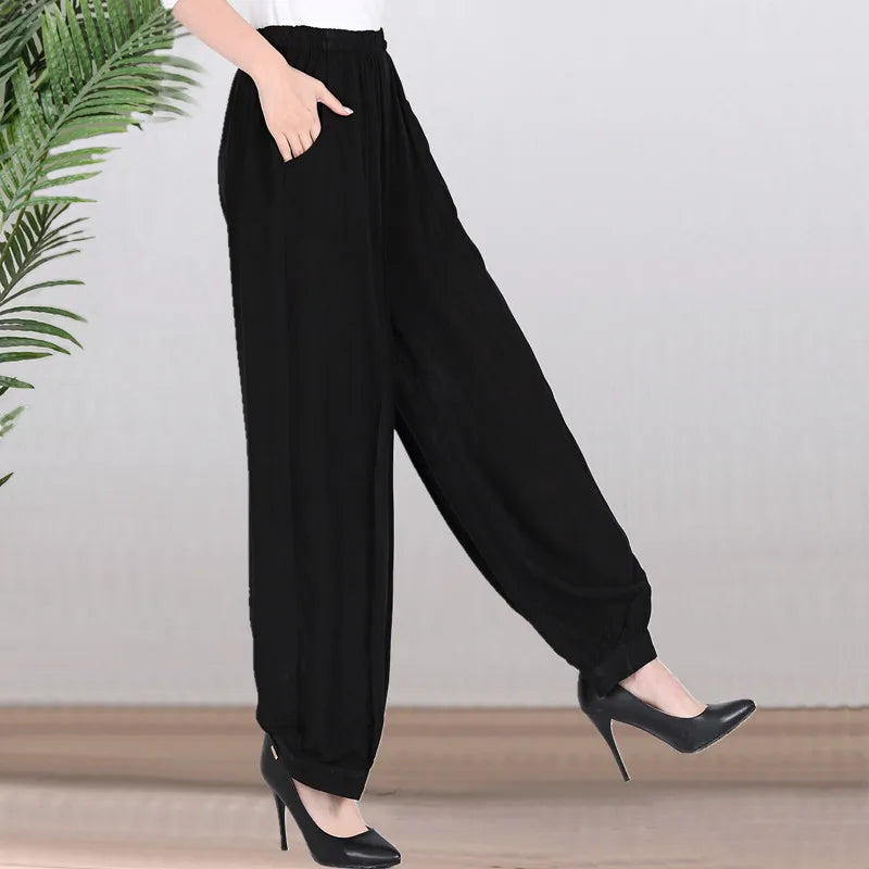 High Waist Lantern Pants Casual Cotton Silk Large Size Printed Long Trousers for Middle-Aged And Elderly Women