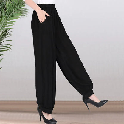 High Waist Lantern Pants Casual Cotton Silk Large Size Printed Long Trousers for Middle-Aged And Elderly Women