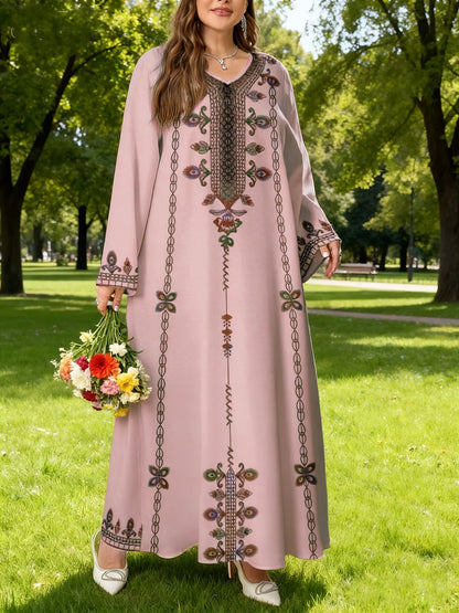 Middle Eastern Elegant Robe, New Spring and Autumn Style, Plus-Size Fashion Women's Clothing, Ethnic Print, Stylish, Loose and Comfortable, Holiday Style Long-Sleeve Dress