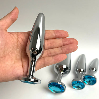 Lake Blue Gem Silver Metal Anal Plug Set by Dream Vibe Anal Trainer Kit Prostate Sex Toy Unisex Couple Backdoor Intimate Gift
