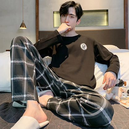 Soft Cotton Pajamas Autumn Men's Plaid Sleepwear Big Yards L-4XL Pajama Sets Casual Sleep&Lounge Pyjamas Pijamas Hombre