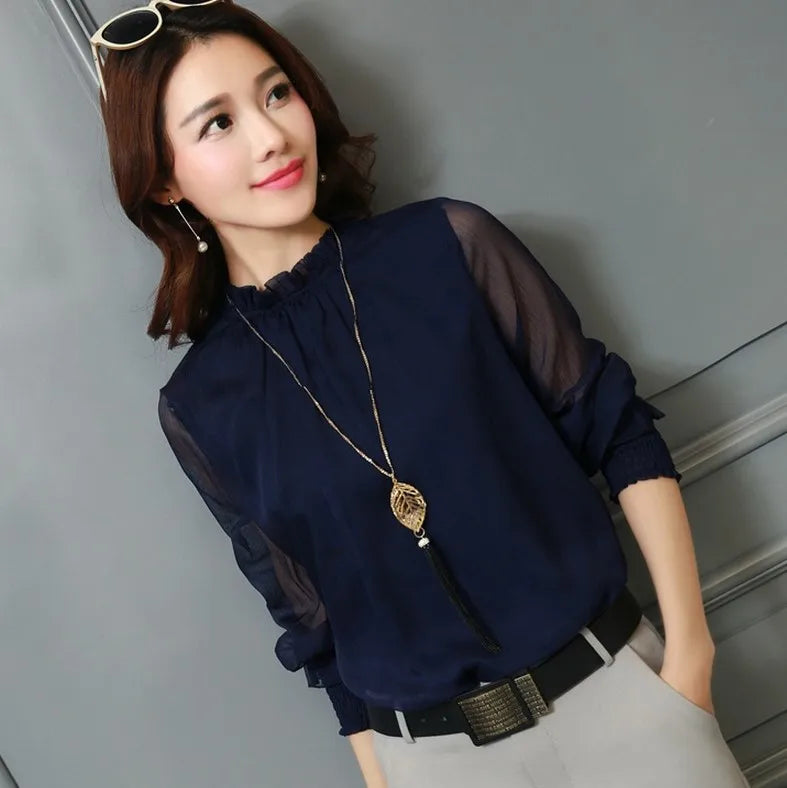 Spring Summer New Style Sexy Large Size Fashionable Mesh Chiffon Top with Lace Trim Stand Collar Base Shirt Women's Top