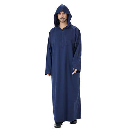 TH848 Men's Muslim Middle Eastern Men Long Sleeves Hooded Solid Color Zipper Robe Arab Male Jubba Thobe