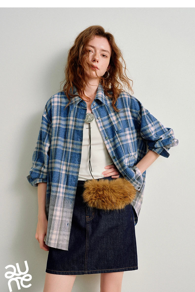 TOYOUTH Women Brushed Shirts 2026 Spring New Mid-Length Gradient Blue-White Plaid Loose Blouses
