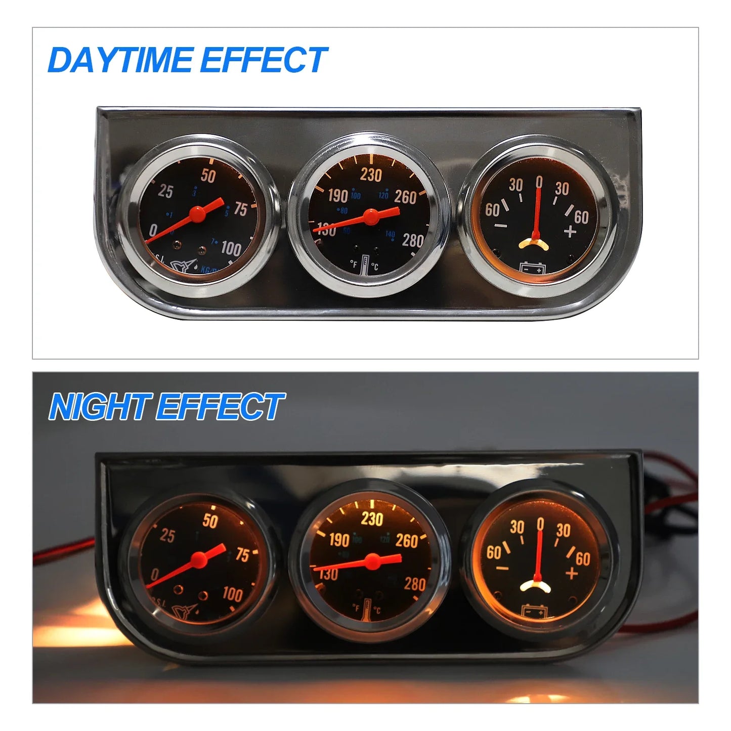 2" 52mm Chrome Panel Oil Pressure Water Temp Amps Triple Gauge Set Black white Face Volt meter