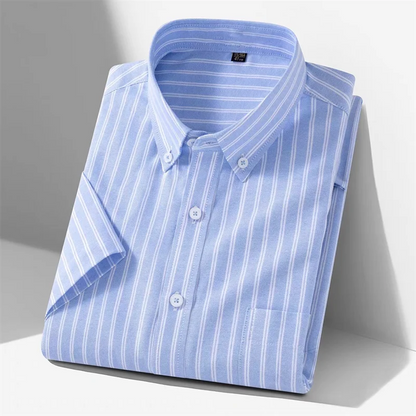 New 100% Cotton Men's Oxford Shirts Short Sleeve Summer Stripe Casual Formal Dress Social Regular Fit White Fashion Clothes 5XL