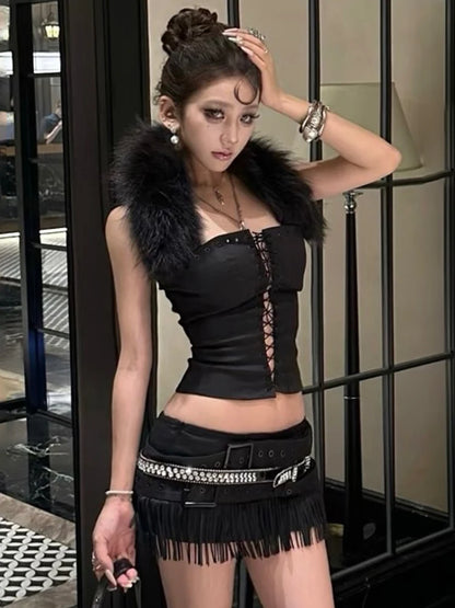 Sisterlinda Furry Patchwork Sexy Tank Top Women Y2K Halter Backless Shirring Sleeveless Stretch Coquette Midnight Party Clubwear