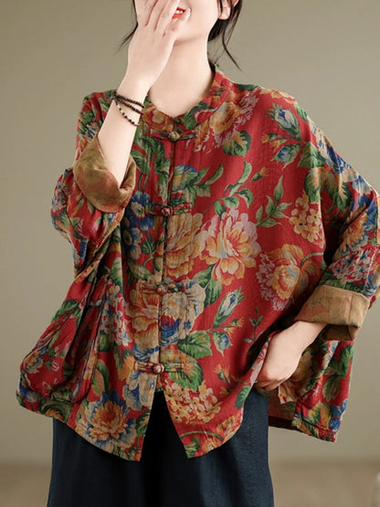 Large Size Spring Cotton Linen Print Button up irt Chinese Sle Tea Costume Retro Chinese Sle Outerwear Women's irt