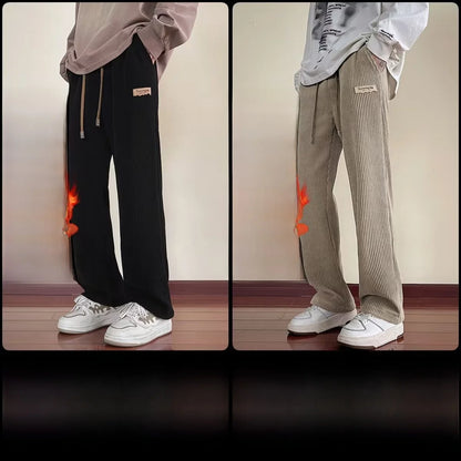 Men's Winter Thickened Fleece Lined Corduroy Wide Leg Sporty Casual Pants Loose Fit Straight Leg Long Trousers Fashionable Yo...