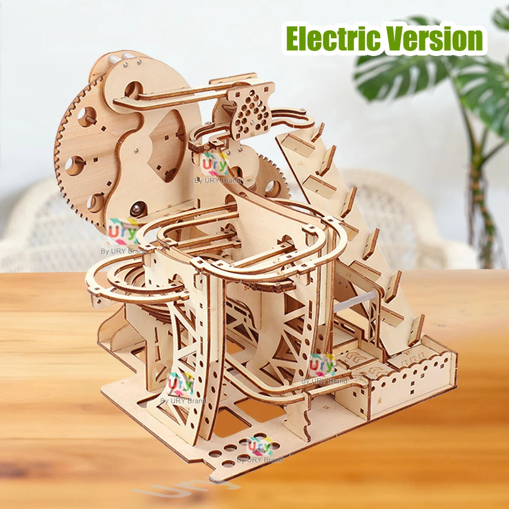 Ury 3D Wooden Puzzles Electric Marble Run Set Catapult Track Device Mechanical Model Science Balls Maze Assembly Gift