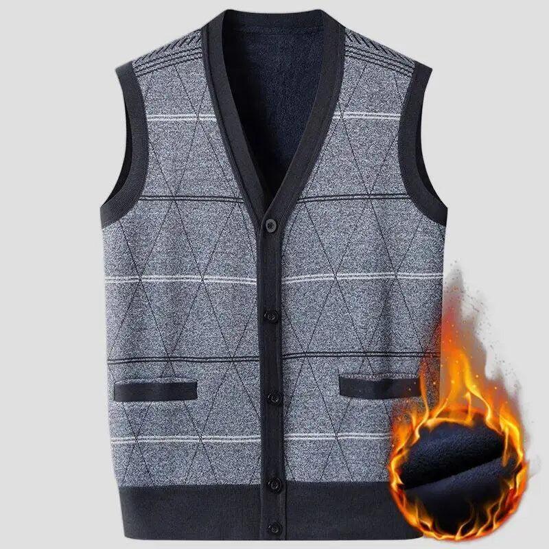 Men's Argyle Cardigan Vest Grey Knit Sweater Autumn Winter Warm Diamond Pattern Design Loose Comfortable Multiple Sizes Clothing