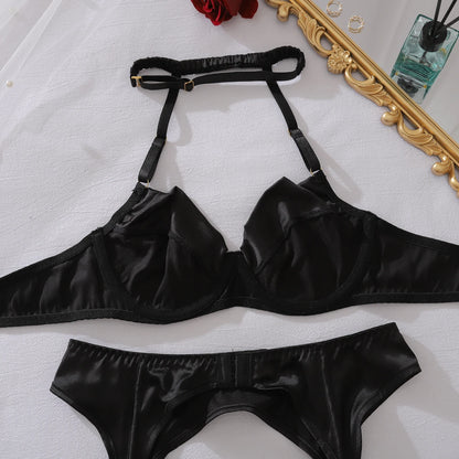2025 French style hanging neck pure desire sexy steel ring gathering shaping underwear split set with leg socks