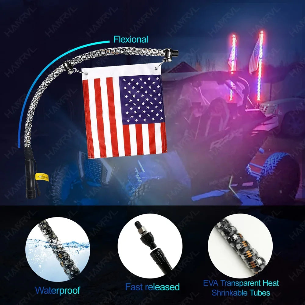 1/2 PCS 2/3/4FT LED Whip Lights RGB Waterproof Multi-Color Flagpole Lamp Bowlight for Offroad Sand Rails Buggies SxS ATV/UTV RZR