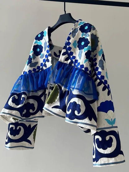 Unique Beautiful Early Spring Women's Blue Embroidered Open Cardigan Jaet Faionable Holiday Sle Commute Loose Fit Long ...