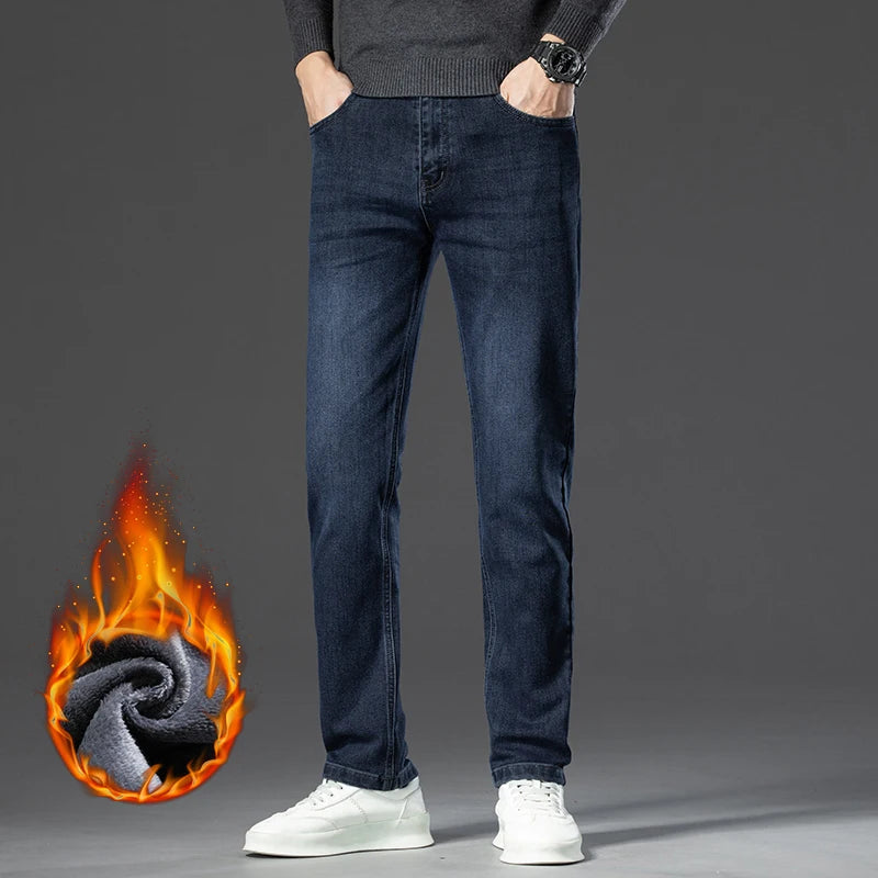 Winter Classic Business Men's Fleece Warm Jeans Straight Stretch Casual Thicken Denim Trousers Washed Fashion Velvet Male Pants