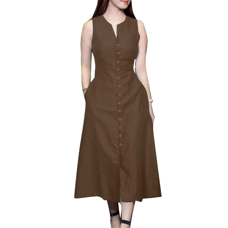ZANZEA 2025 Summer Sundress Women Stylish Solid Party Holiday Vestidos Elegant V Neck Sleeveless Midi Dress Robe Femme Kaftan