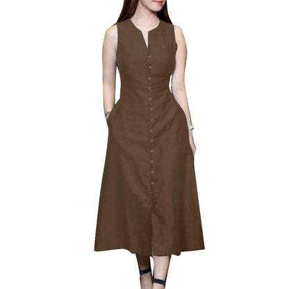 ZANZEA 2025 Summer Sundress Women Stylish Solid Party Holiday Vestidos Elegant V Neck Sleeveless Midi Dress Robe Femme Kaftan