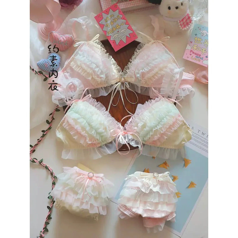 Japanese Lolita Princess Lingerie Women Pure Desire Cake Layer Lace Mesh Cotton Crotch Party Bra Panty Set Cute Comfortable Soft