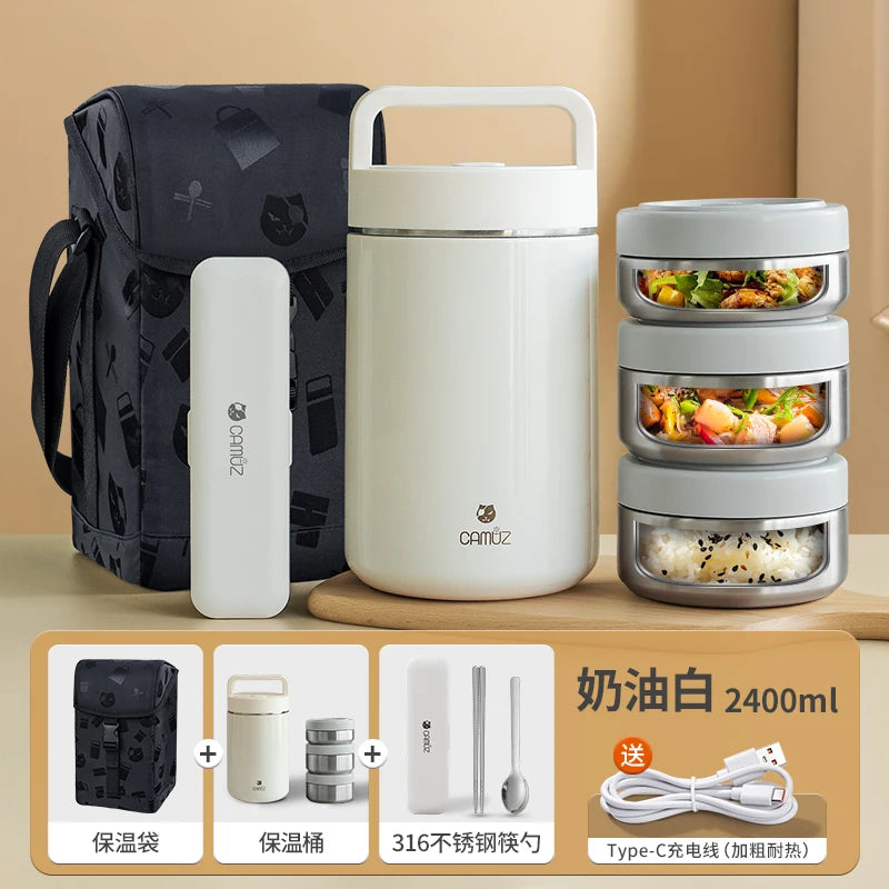 3 Layers Stainless Steel USB Heating Portable Insulated Lunch Box Food Storage Container For Adults