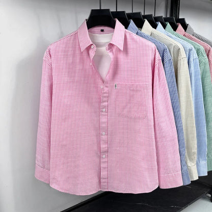 Men's Cotton-Linen Long-sleeved Striped Shirt | Notch Collar Design | Casual To Business Casual Wear Daily Commute