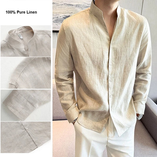 100% Linen Long Sleeve Shirt for Men Stand Up Collar Summer Loose Fit Solid Color Casual Formal Wear