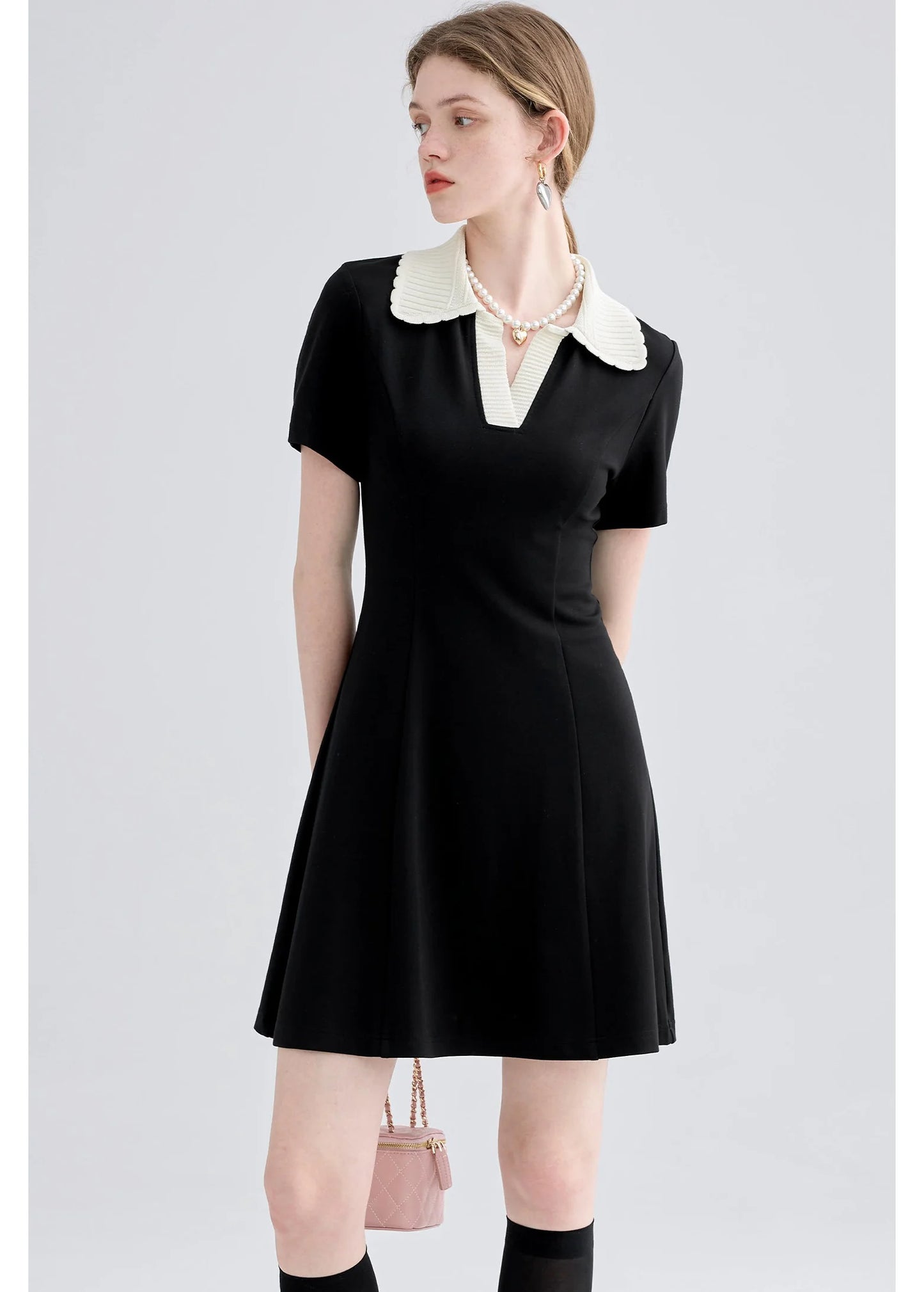 Women Dress Black Elegant Vintage French Style Short Sleeve Cute Casual New Fashion Polo-Neck Office Ladies Mini Dress 2026