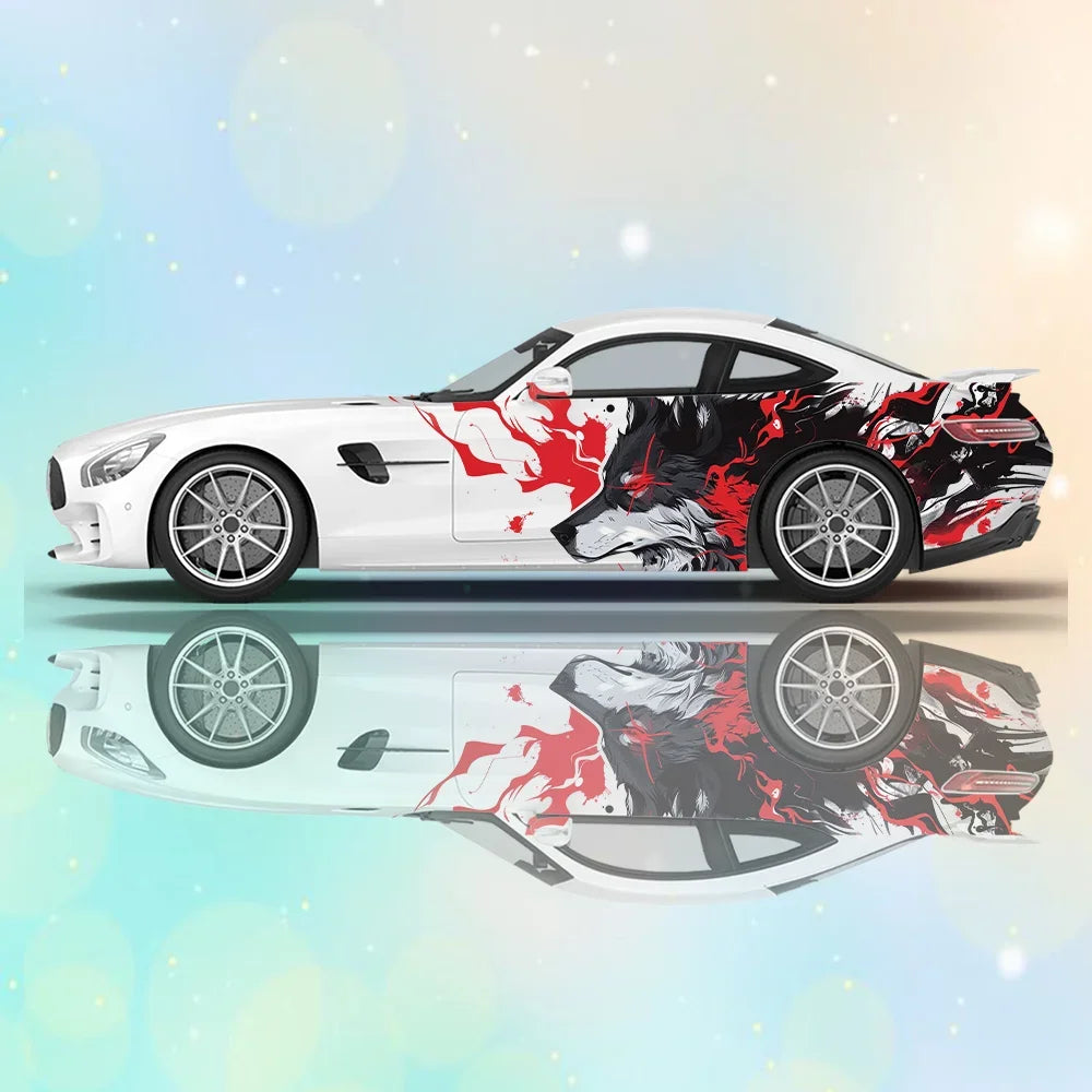 Red Lightning Ferocious Wolf Car Vinyl Wraps Decal Self-adhesive PVC Sticker Suitable for Trucks SUV Decoration Auto Accessories