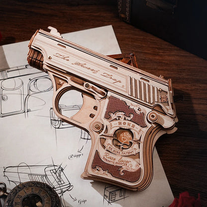 ROKR Mini Pistol 3D Wooden Model Toy, Mechanical Assembly Model, Rubber Band Launch Function, Suitable for Beginners