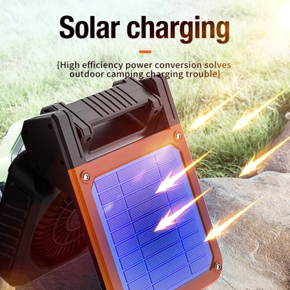 Solar 20000mAh portable electric fan with Led lights for tents, car camping hooks and usb&solar charging for hiking, fishing, pi