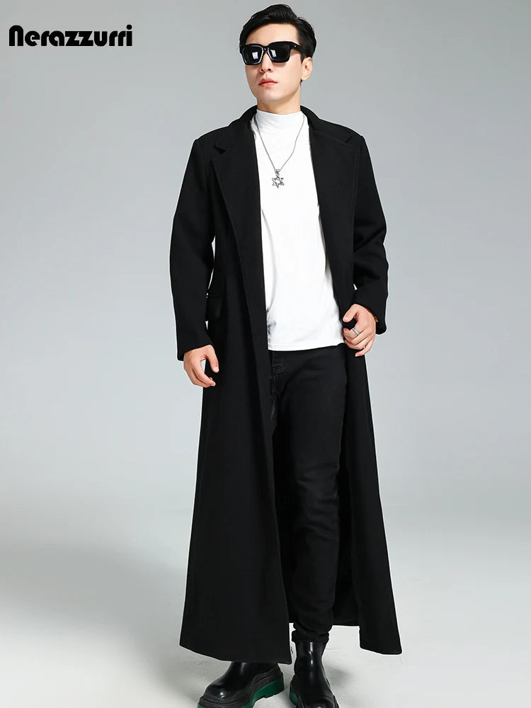 Nerazzurri Autumn Winter Extra Long Soft Black Warm Woolen Coat for Men Loose Casual Korean Fashion 2023 Wool & Blends Overcoat