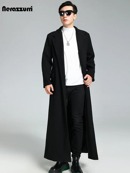 Nerazzurri Autumn Winter Extra Long Soft Black Warm Woolen Coat for Men Loose Casual Korean Fashion 2023 Wool & Blends Overcoat