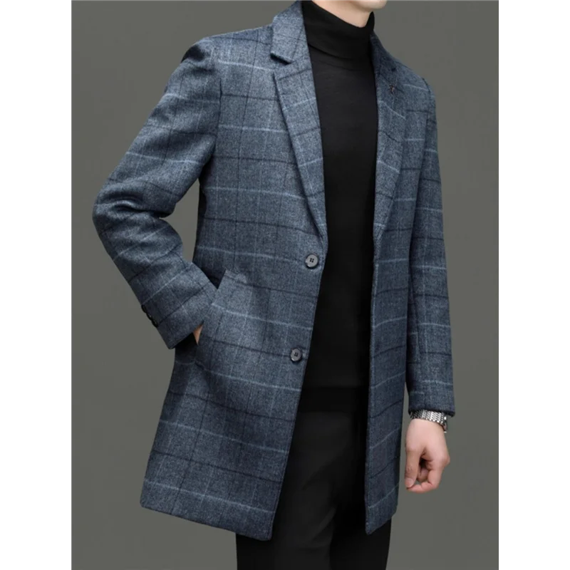 Men's Tweed Coat Spring Autumn Plaid Woolen Windbreaker Youth Mid-Length Casual Handsome High-End Jacket Male Model