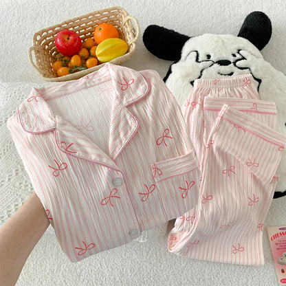 Girls Stripe Sleepwear Women's  Knot Star Long Sleeve Long Pants Korean Style Sweet Crepe Home Clothes Set
