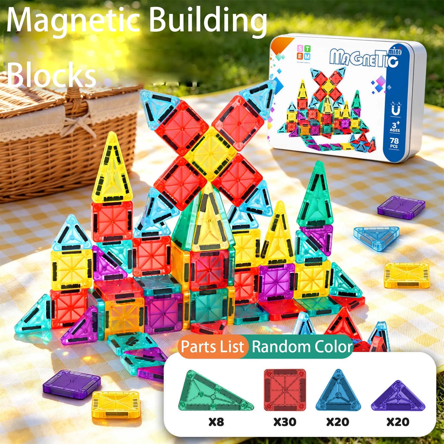 Mini Magnetic Tiles Portable Metal Box Kids STEM 3D Magnet Building Blocks Travel Educational Birthday Christmas Holiday Gift
