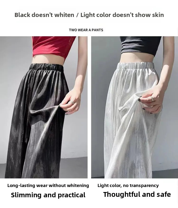 Summer Thin Ice Silk Satin Dyed Wide Leg Pants Women Loose Casual Drape High Waist Slimming Pants Ins Straight Leg Elastic Wa...