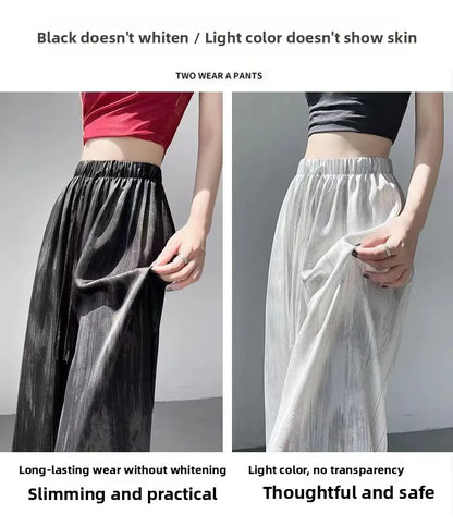Summer Thin Ice Silk Satin Dyed Wide Leg Pants Women Loose Casual Drape High Waist Slimming Pants Ins Straight Leg Elastic Wa...