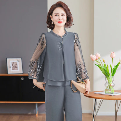New 2026 Summer Fashionable Thin Two-Piece Set for Older Women Age-Defying Trendy Top And Bottom Ensemble Polyester Fiber
